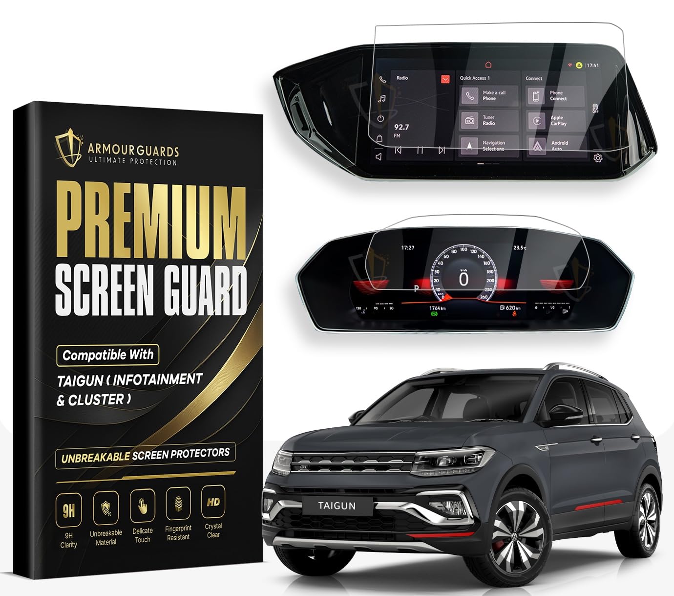 Screen Protector Combo for Volkswagen Taigun Highline/Highline Plus/Topline – 10-Inch Infotainment & Digital Cluster Display | Transparent | Touchscreen Guard (Not Tempered Glass) Screen Protector Combo for Volkswagen Taigun Highline/Highline Plus/Topline – 10-Inch Infotainment & Digital Cluster Display | Transparent | Touchscreen Guard (Not Tempered Glass)
