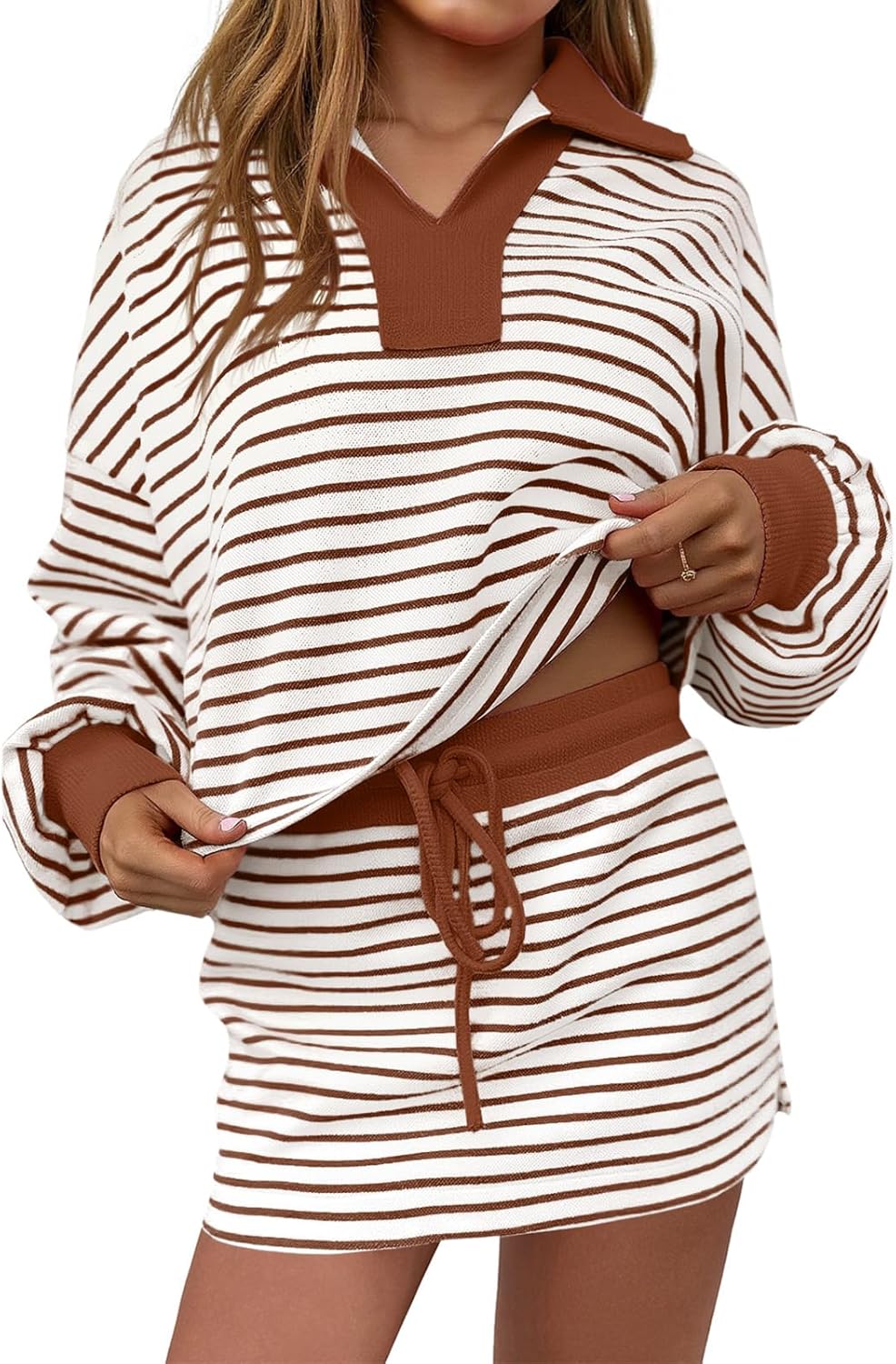 Fisoew Womens Striped 2 Piece Outfits Casual Sweatshirt Skirt Set Long Sleeve Skort Workout Set Matching Lounge Sets