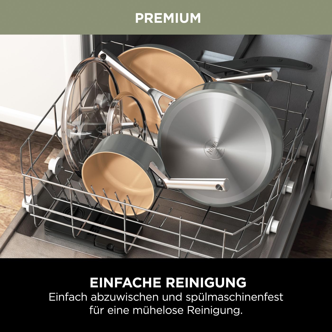 Ninja Extended Life Keramic Kochset 5-teilig Backofenfest CW95000EUUKDB | Grau & Terracotta, (20 & 24 cm Sauteuse + 16, 18 & 20 cm Töpfe & Deckel) Antihaftbeschichtet (ohne PFAs PFOAs, Blei, Cadmium)