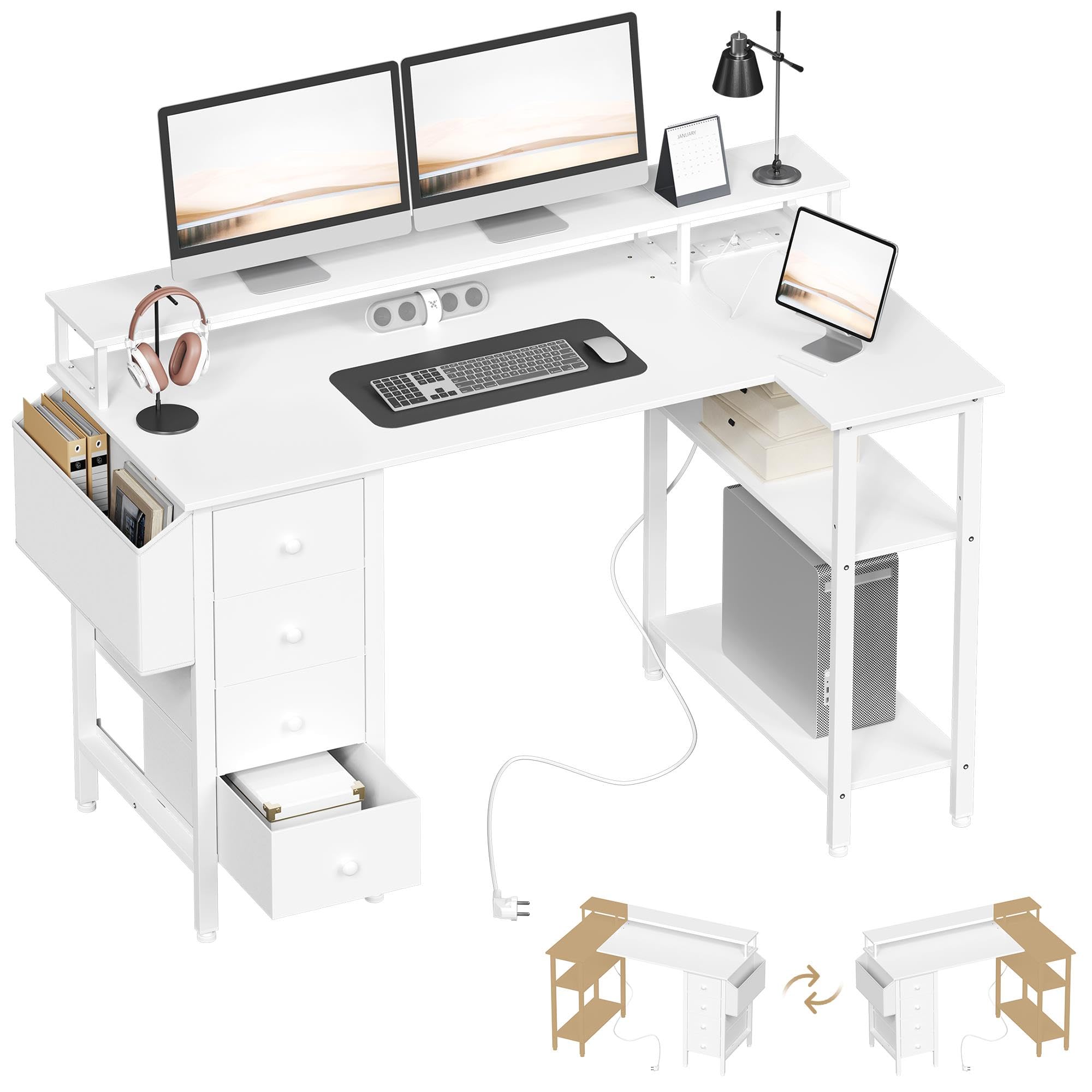 Yaheetech Corner Gaming Desk with Drawers, 120x70cm L Shaped Computer Desk with Power Outlets, Office Desk with Raised Monitor Stand, Reversible Storage Shelves for Home Office, White
