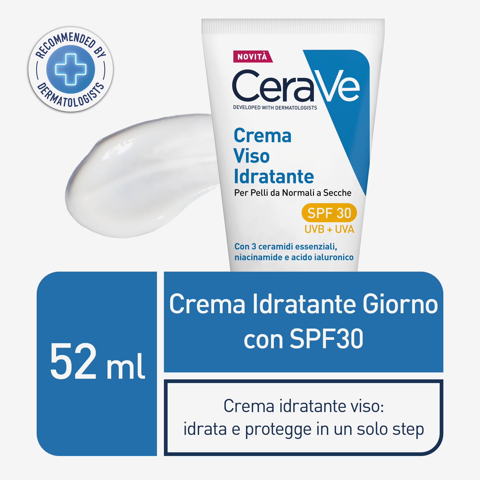 CeraVe Crema Idratante Viso SPF 30, Per Pelli da Normali a Secche, Idratazione Profonda, Ad Assorbimento Rapido, Con Protezione Solare SPF 30 e Acido Ialuronico, 52 ml