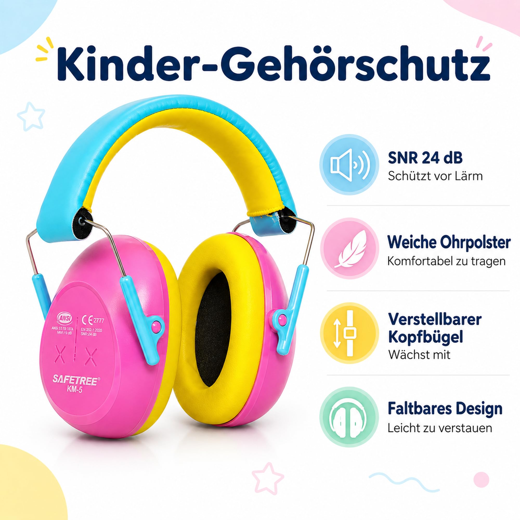 Protezione dell'udito per bambini [3-12 anni] SNR 24dB – Leggero e pieghevole per viaggi, sonno, concerti, fuochi d'artificio, autismo