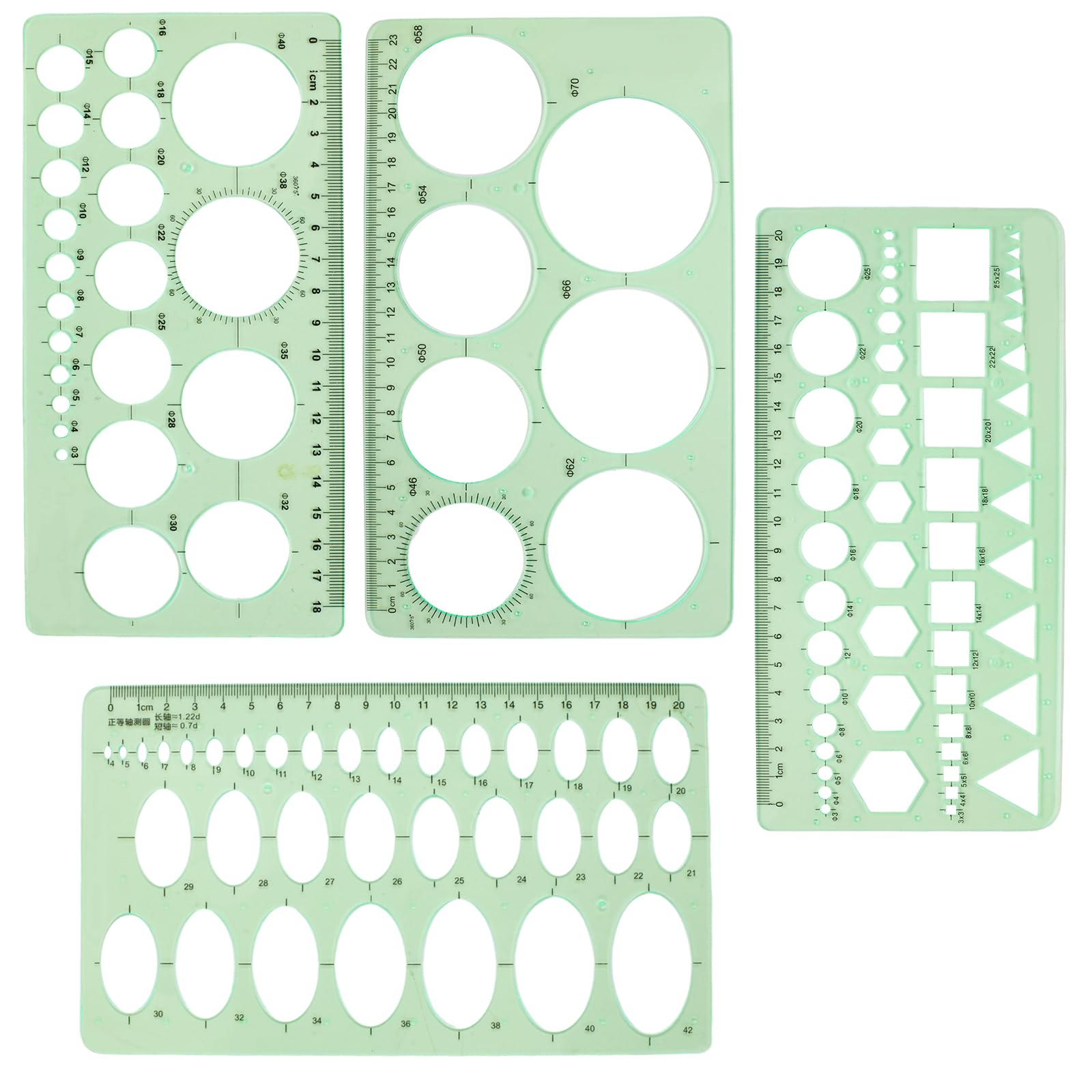 4PCS Circle and Oval Template, Plastic Measuring Templates for Formwork Drawings (Clear Green)