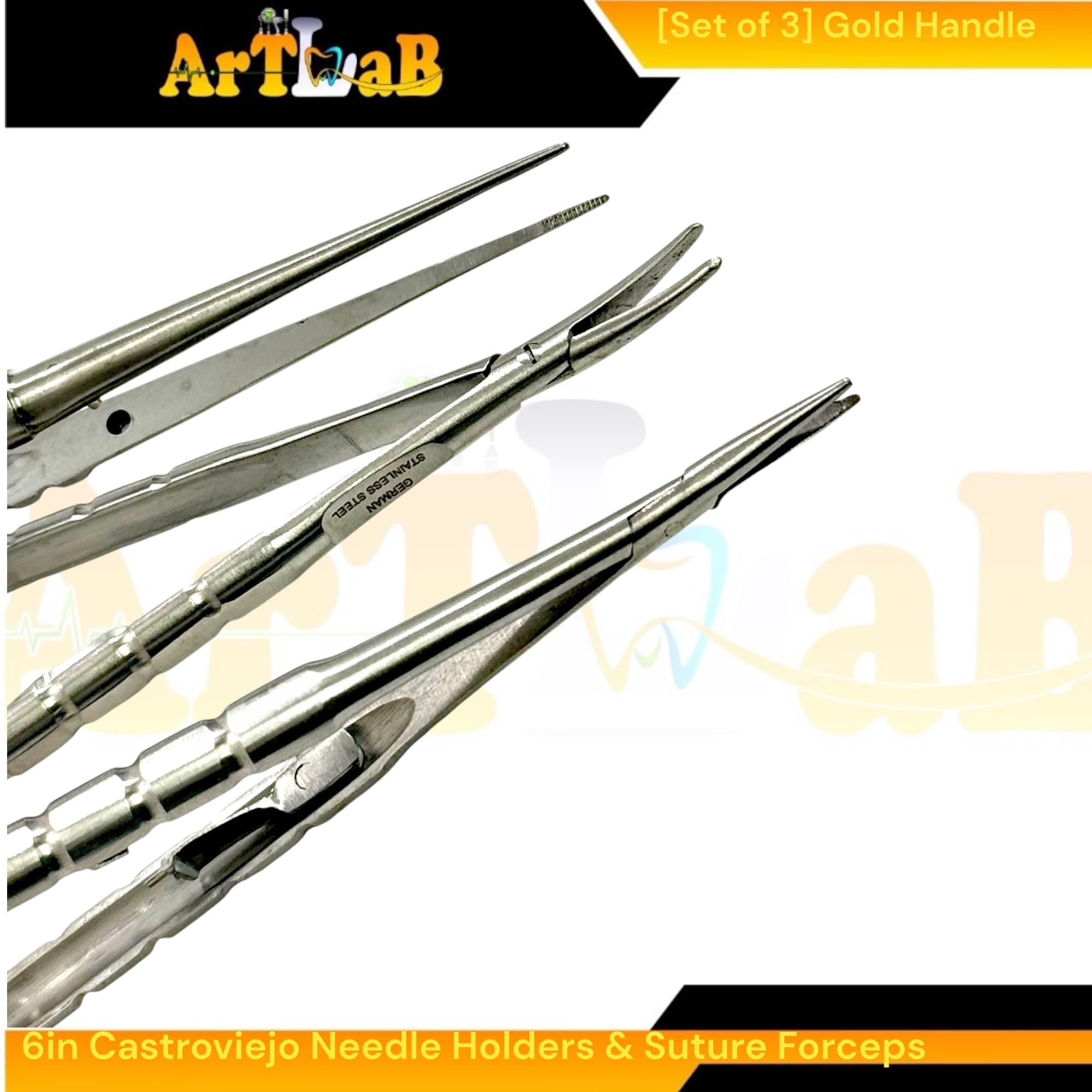6in Suture Tying Forceps with Guide Pin, Straight, Serrated + 6in Castroviejo Needle Driver, Straight + 6in Castroviejo-Barraquer Needle Driver, Curved - Premium German Stainless Steel Instruments