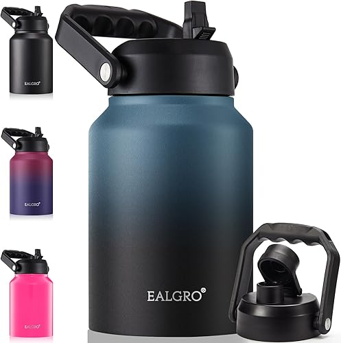 Miniatura 1 de EALGRO Botella de agua aislada de galón con pajilla, 128 onzas de acero inoxidable grande con asa, taza térmica de agua con 2 tapas, acero inoxidable