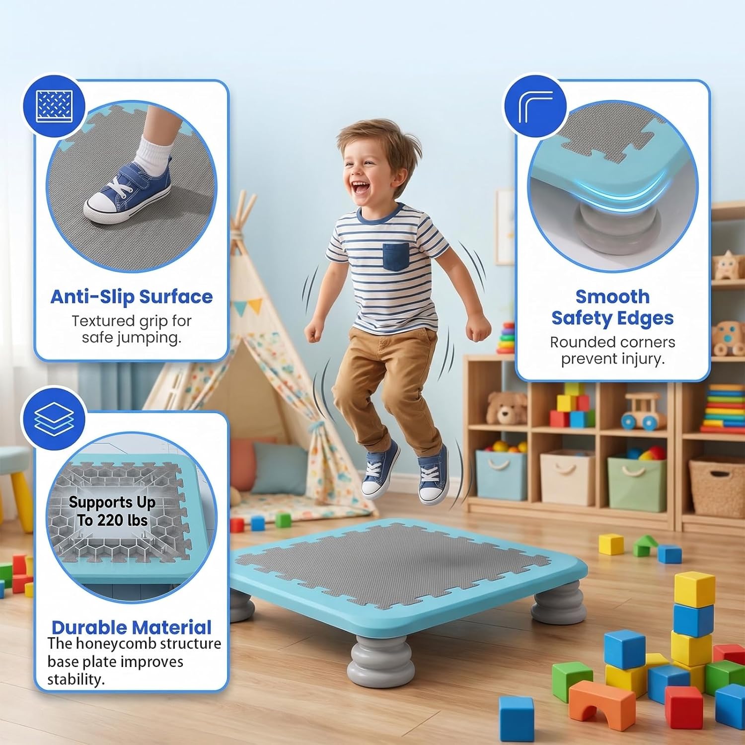 Mini Trampoline for Kids, 25 Inch Sensory Bounce Board for Balance & Coordination, Non-Slip Rebounder Board for Kids Ages 3+, Indoor Mini Trampoline with Stable Base