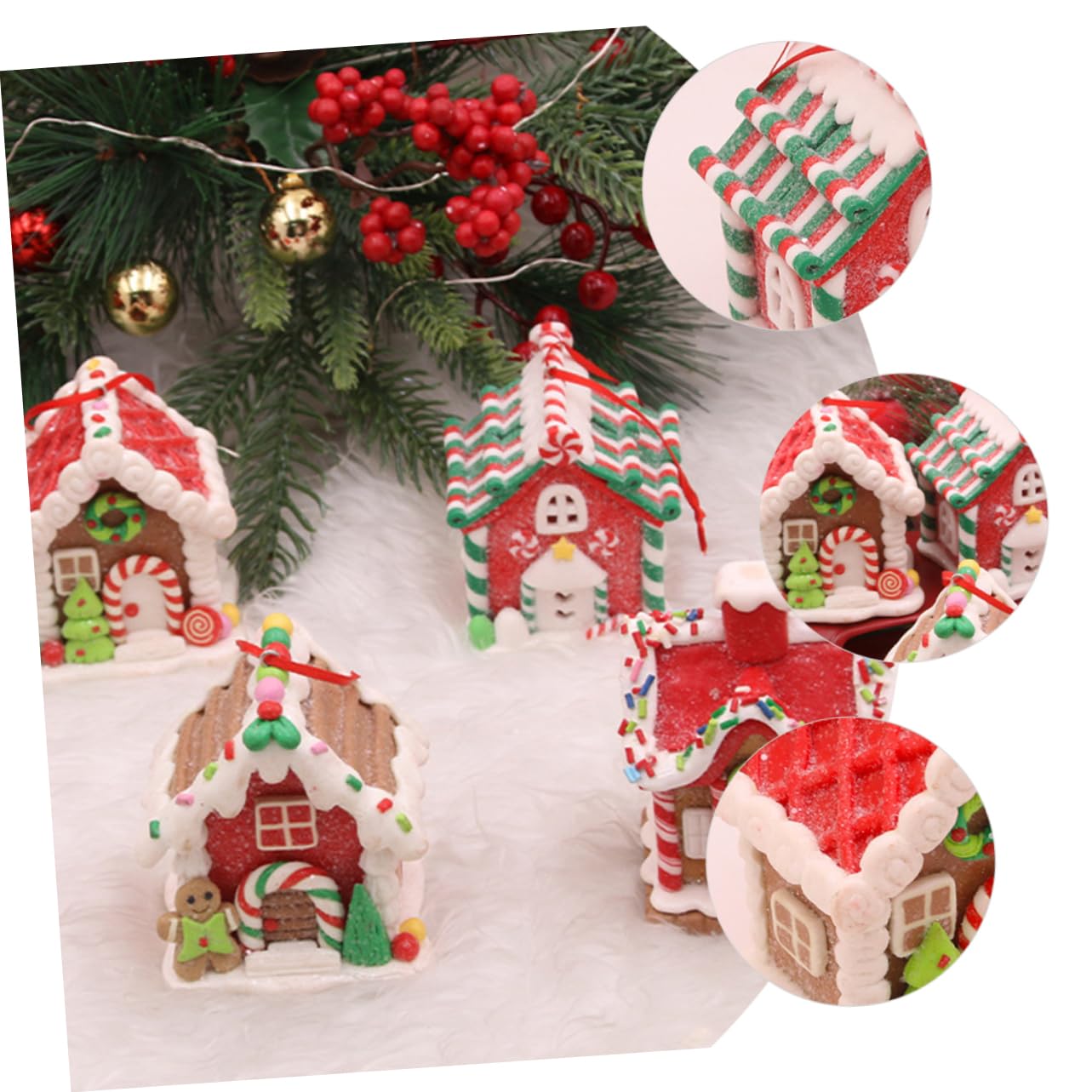 Didiseaon Decorazioni Natalizie a Tema Festa di Natale 4 Pezzi in Argilla Polimerica, Ornamento a Casa di Biscotto Speziato per Addobbo Natalizio e Stufa