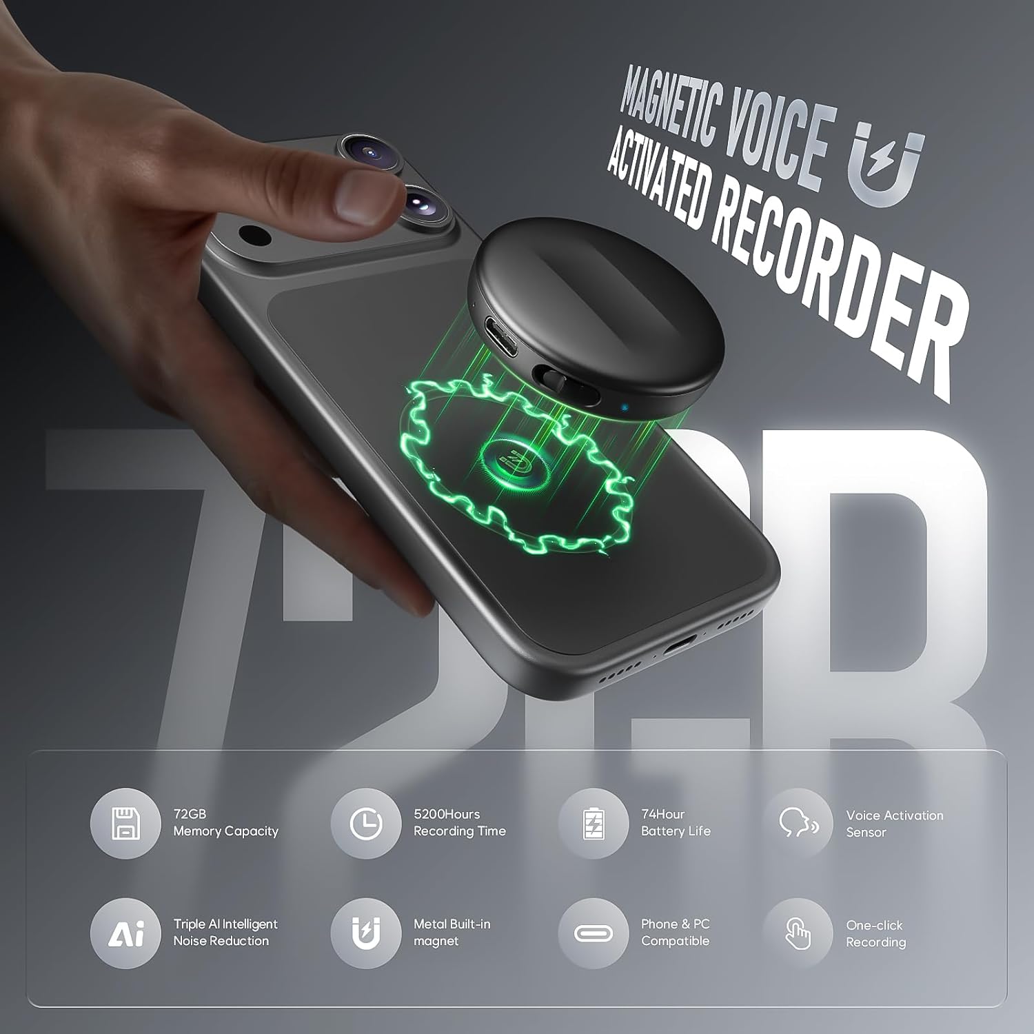 72GB(5200Hours) Magnetic Voice Activated Recorder - Digital Voice Recorder with DSP 5.0 AI-Intelligent Noise Cancellation, Smart Tap Recording Device Portable for Lectures Meetings Interviews Classes