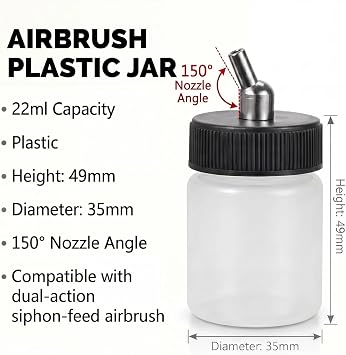 ABEST 10-Pack Airbrush Bottles 22cc (3/4oz), Clear Plastic Siphon Feed Jars with Standard Lid Adapter, Paint Storage Cups Compatible with Master, Iwata, Badger, and Paasche Dual Action Airbrushes