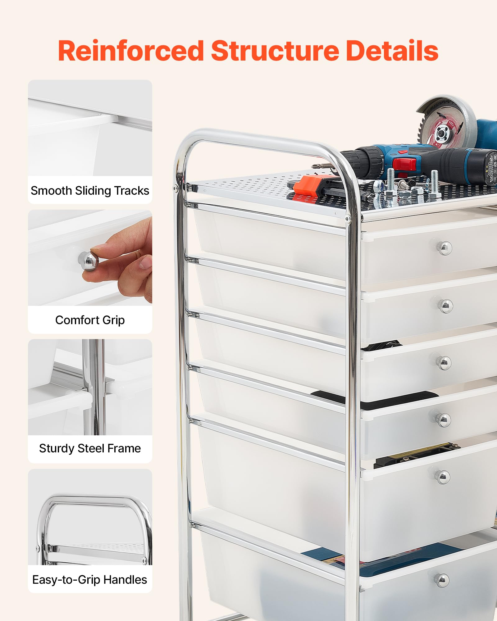 VEVOR Carrello con Cassetti Organizer a Doppia Fila con 12 Cassetti e Ruote, Carrello Portaoggetti, Telaio in Acciaio Cromato, Ruote Girevoli a 360° con 2 Freni, Ideale per Ufficio, Garage e Studio