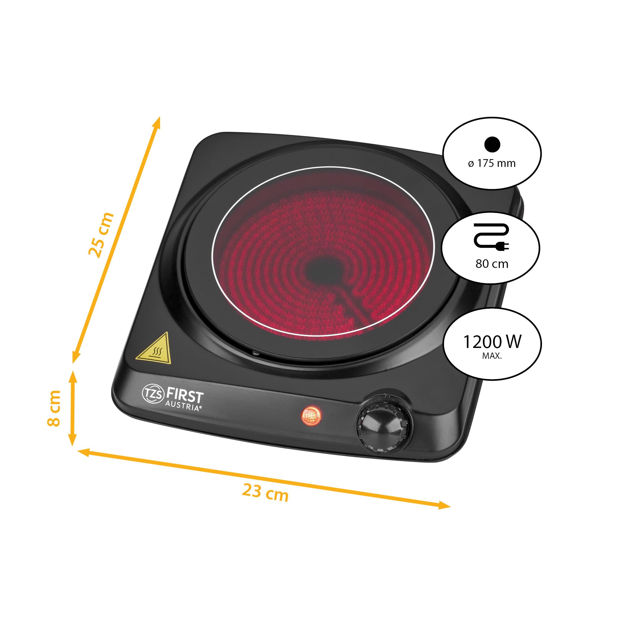 TZS First Austria - Plaque infrarouge 1200W - Ø 175 mm - Réchaud portable avec protection antisurchauffe & thermostat réglable - Plaque vitrocéramique pour tous types de casseroles