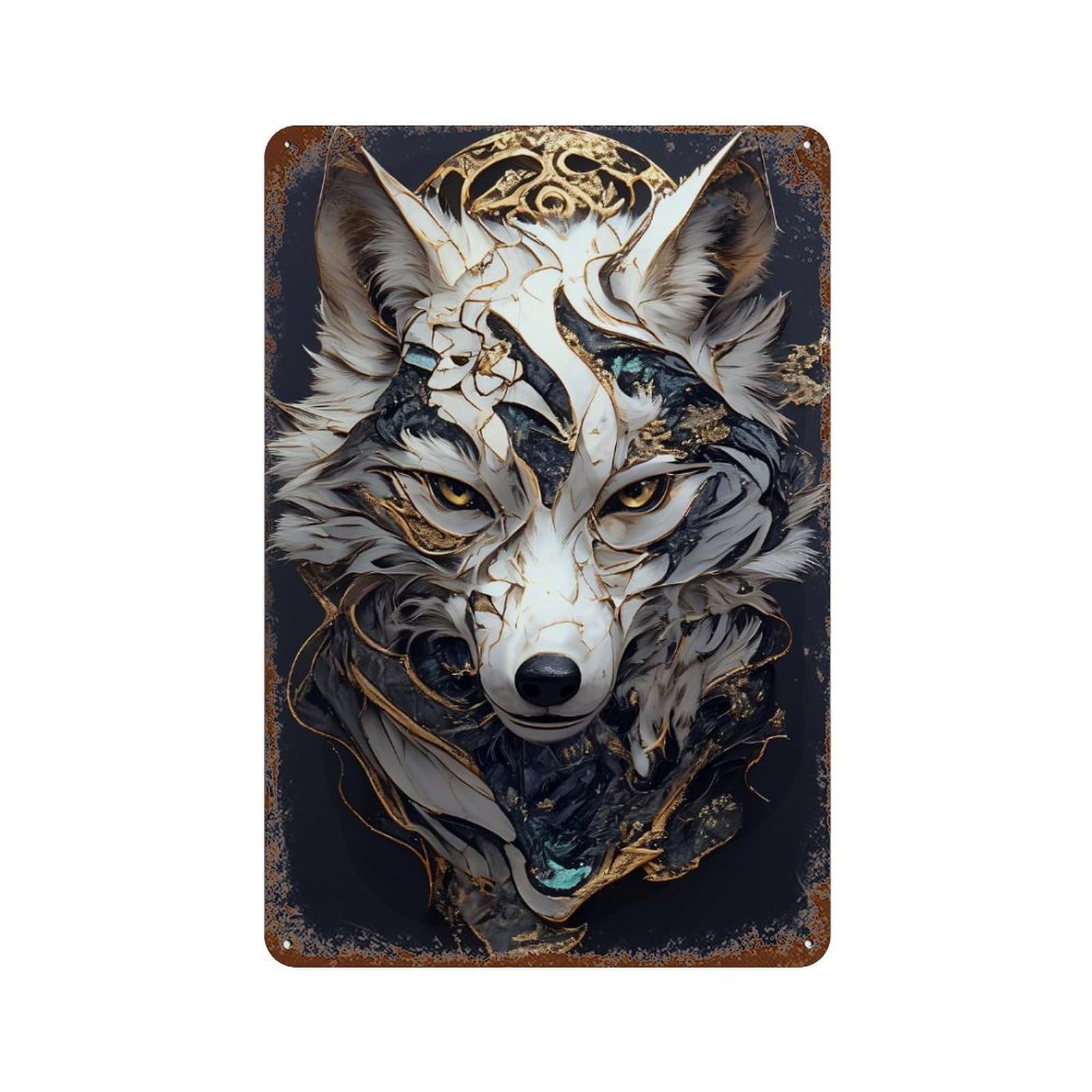 Ornate Wolf Head Portrait 11.8"x7.9" Distressed Metal Wall Sign, Shabby Chic Decor for Shed, Workshop And Garage Wall Decor