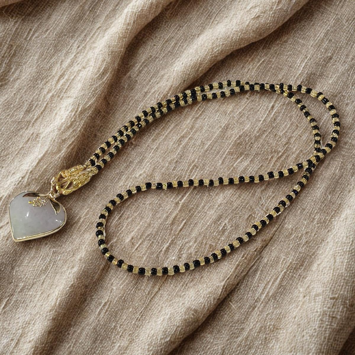 Natural White Jade Heart Pendant Necklace for Women – Black & Gold Beaded Chain, Genuine Jade Crystal Heart Charm, Lucky Protection Stone Jewelry Gift for Love, Harmony & Positive Energy