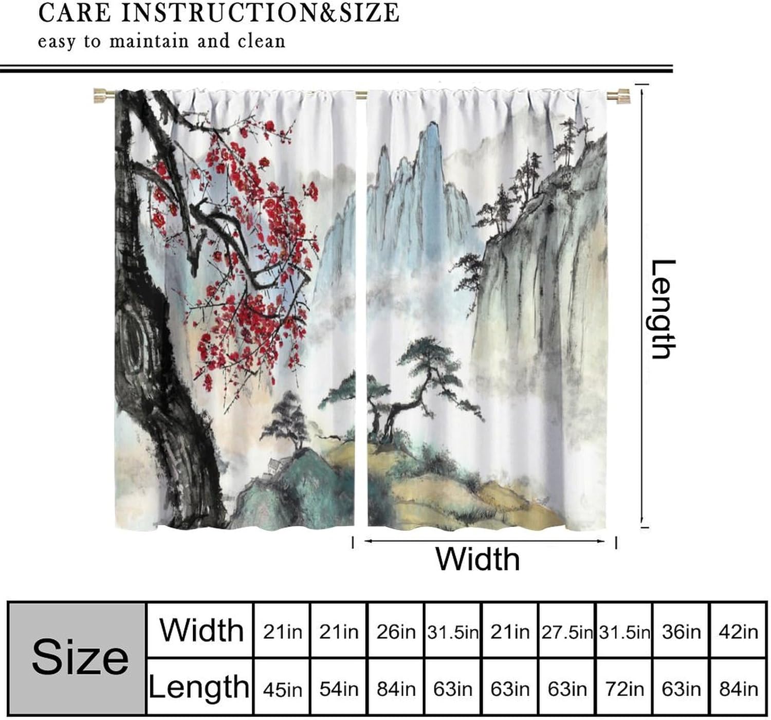 Japanese Curtains Cherry Blossom Asian Japanese Nature Landscape Mountain Curtain with Rod Pocket for Bedroom Living Room Home Decor Drapes Window Treatments 2 Panels Set 42" W X 63" L