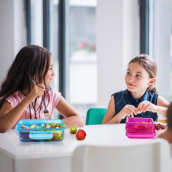 Greentainer 4 Pack Snack Containers with Lids for Kids, 2 Compartment Reusable Bento Lunch Box with Cute Forks, Divided BPA-Free Plastic Food Storage & Meal Prep for School, Travel, Fruits & Snacks