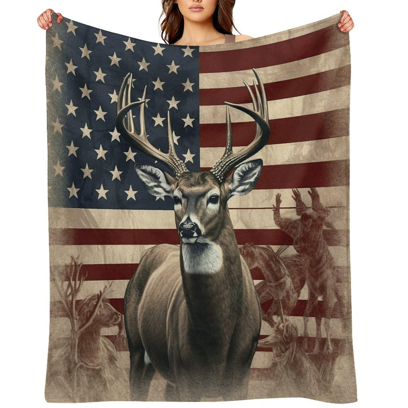 Americana Flag Deer Throw Blanket for Couch and Bed Super Soft Warm Lightweight Throw Blankets Cozy Fuzzy Flannel Blanket Personalized Decorative Blankets for Sofa Decor 60"x80"