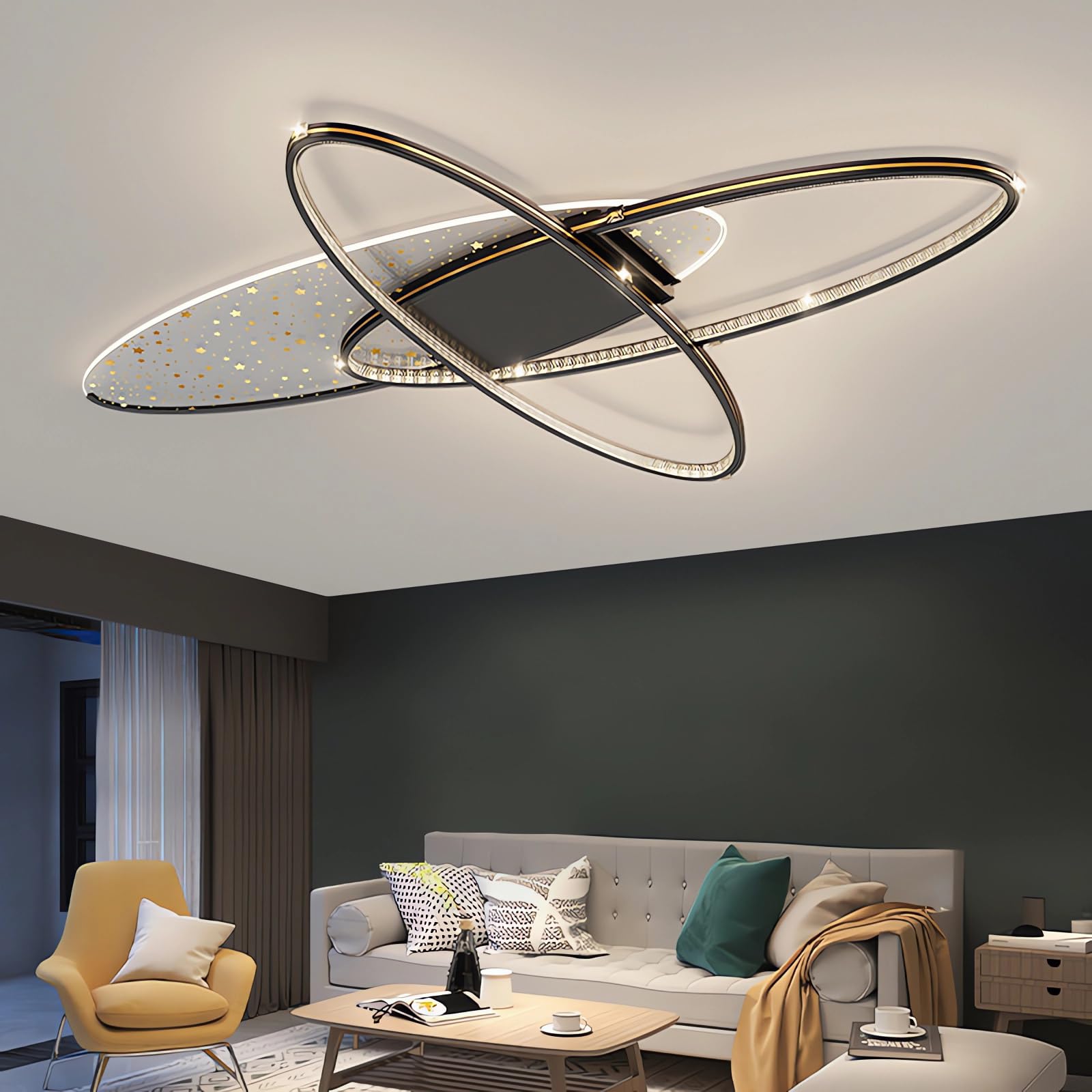 QYSMGS LED Ceiling Light Flush Mount Rectangular Ceiling Lamp with Remote Control Modern Oval Ceilings for Bedroom Living Room Dining Room Office Dimmable Ceilings Lighting (Black, Oval 90CM)