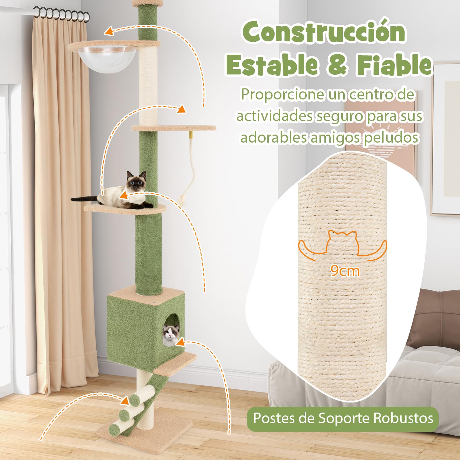 COSTWAY Árbol para Gatos de Suelo a Techo, Rascador para Gatos de 218-253 cm, Torre para Gatos con Cápsula Transparente, Condo, Postes de Rascado de Sisal, Cuerda, Árbol de Actividad para Gatos