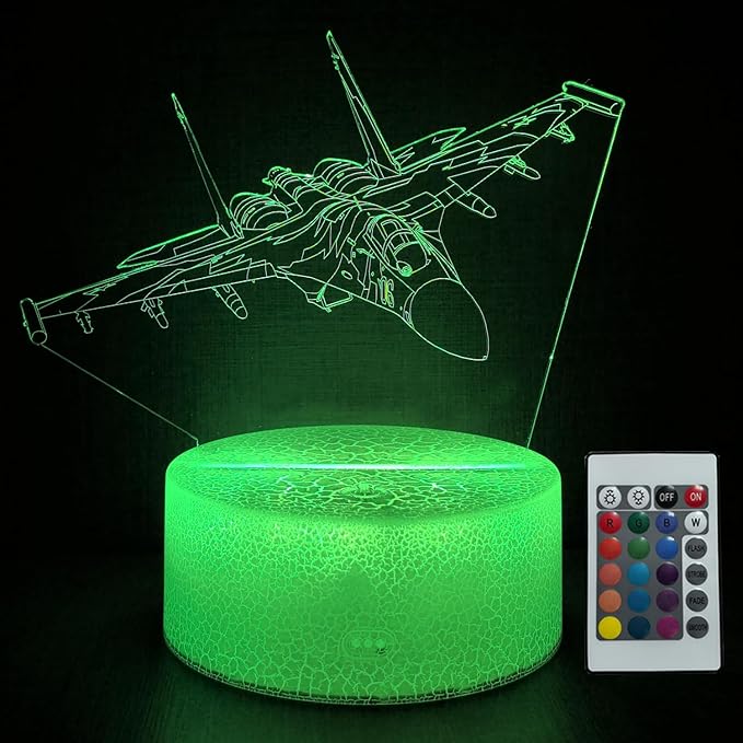 JOCHUI 3D Airplane Night Light, Warplane Illusion Table Lamp with 16 Colors Remote Control Touch Lamp LED USB Night Light Desk Lamps Room Decorations Home Decor Gift for Boy