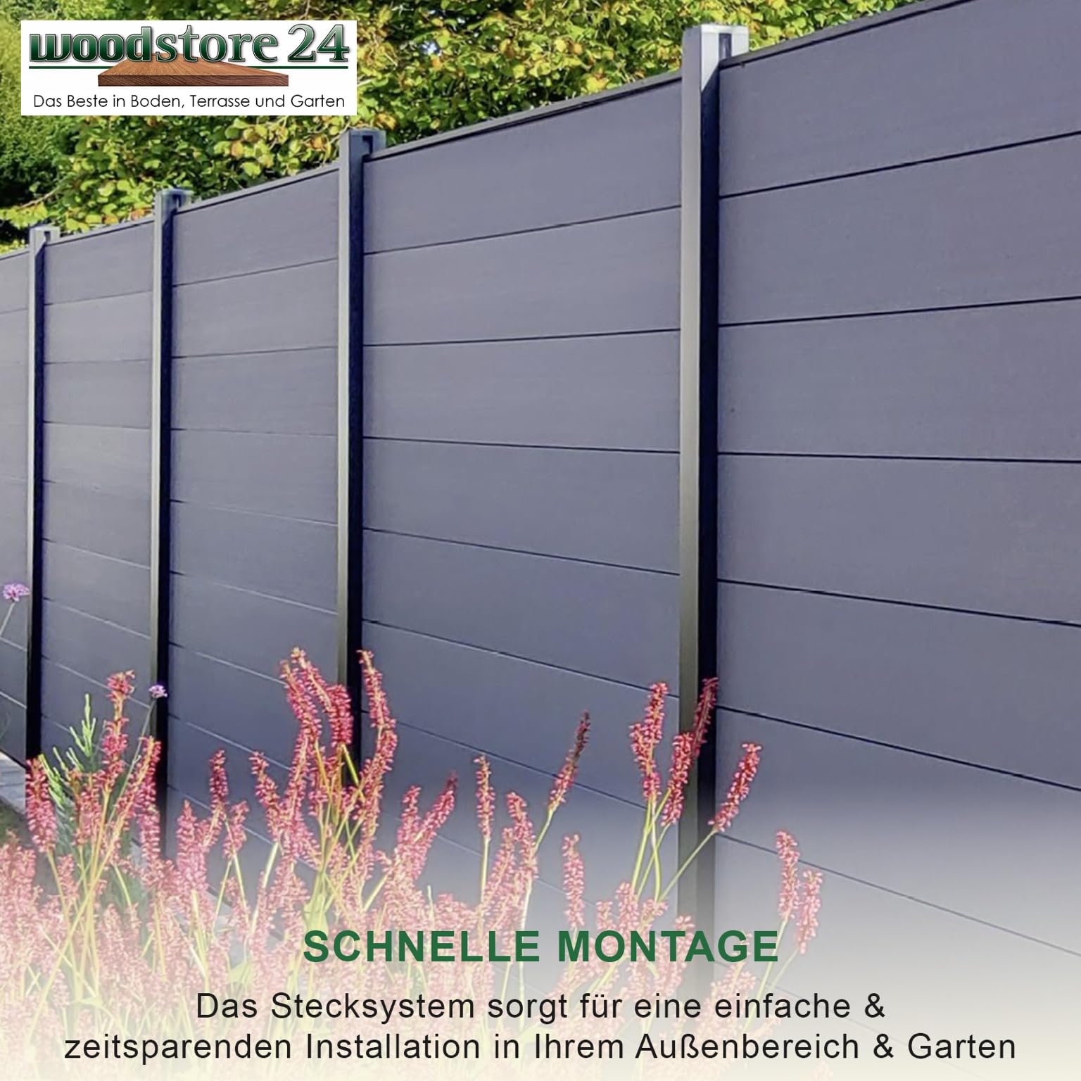 WoodoZaun - WPC Sichtschutzzaun - Grau - 185 cm x 180 cm - Gartenzaun Komplettset - inkl. Pfosten Anthrazit - 1x Zaun & 2x Pfosten