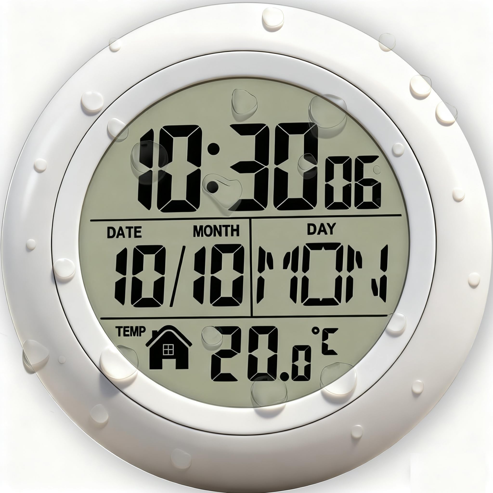 Shower Wall Clock, Digital Timer Shower Clock Waterproof, Bathroom Clock Waterproof with Plastic Frame and Acrylic Face, Bathroom Clocks Stand, Kitchen, Digital Silent Wall Clocks Suction Cup (White)