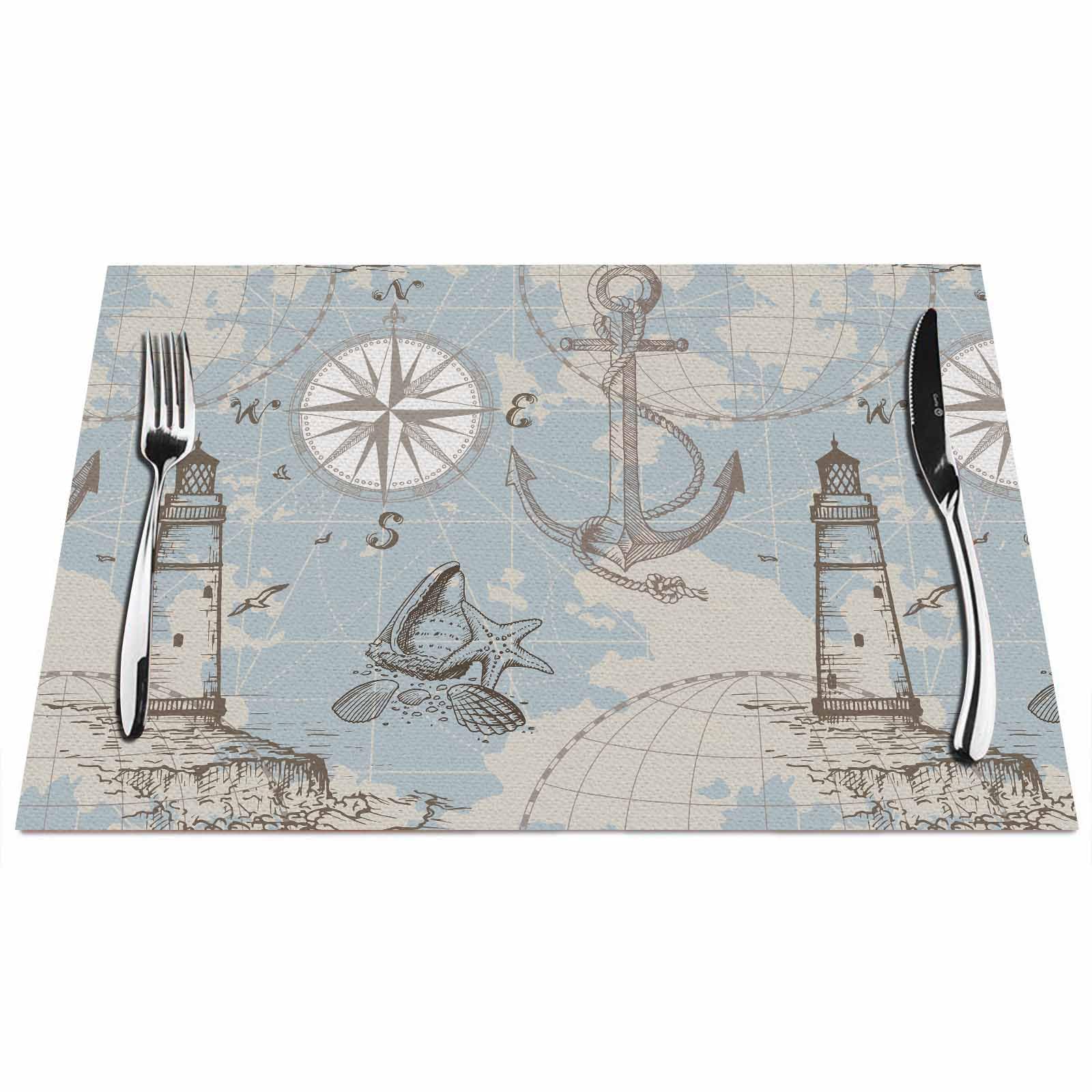 Walmsco Placemats Nautical Map Lighthouse Shell Compass Decor For Dining Room Kitchen Table,Waterproof Non-Slip Washable Heat Resistant Placemats,Set of 4,12"x18"