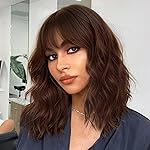 Nnzes Short Wavy Bob Wig with Bangs for Women Shoulder Length Curly Brown Chocolate Synthetic Heat-Resistant Fiber Hair for Daily & Party Use