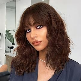 Nnzes Short Wavy Bob Wig with Bangs for Women Shoulder Length Curly Brown Chocolate Synthetic Heat-Resistant Fiber Hair for Daily & Party Use