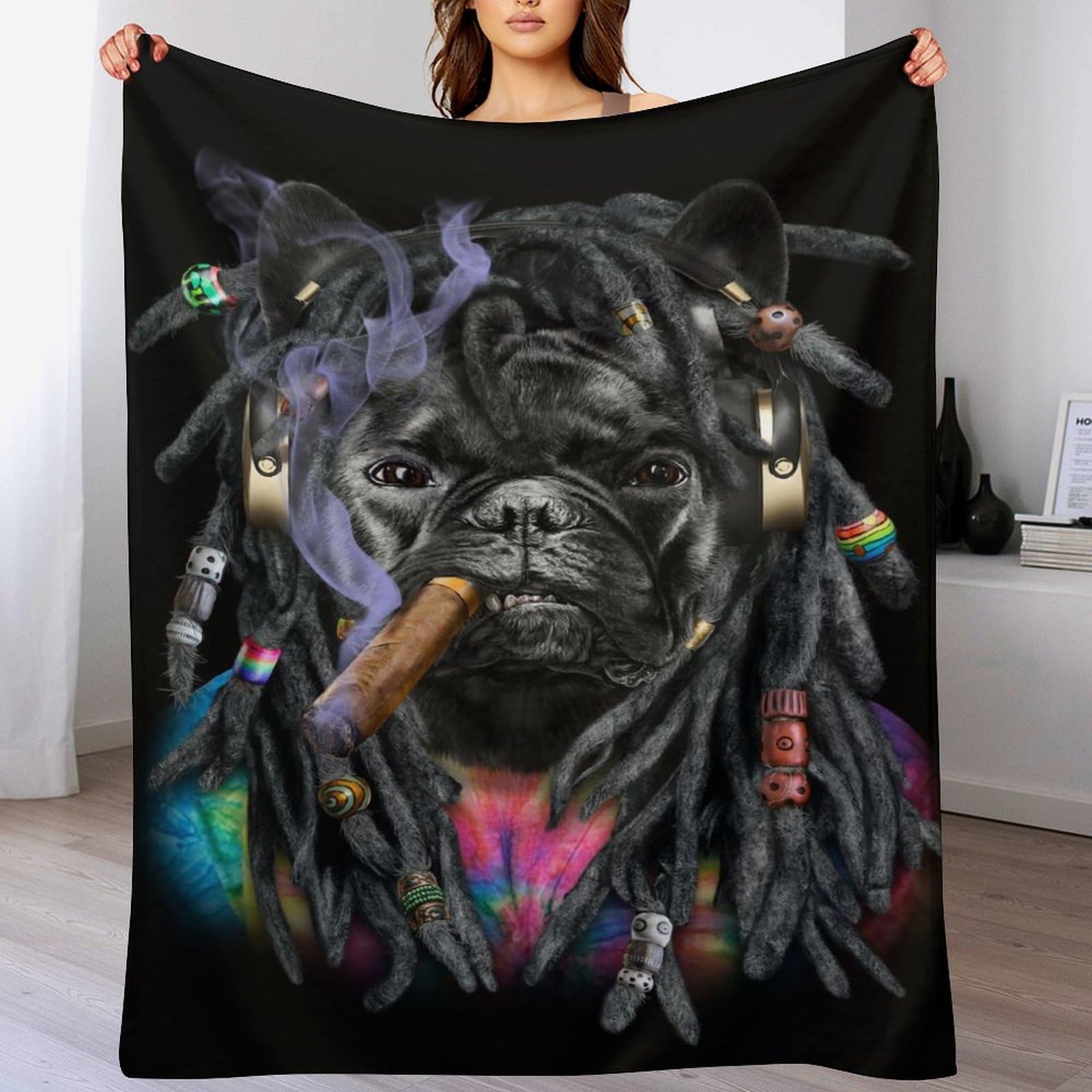 Couverture canapé French Bullchien plaid flanelle chaude et douce pour salon et voyage 180x200cm