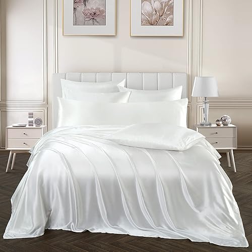 Miniatura 7 de Juego de sábanas de satén de 7 piezas tamaño Queen, juego de sábanas de satén sedoso blanco marfil con 1 sábana bajera de bolsillo profundo, 1