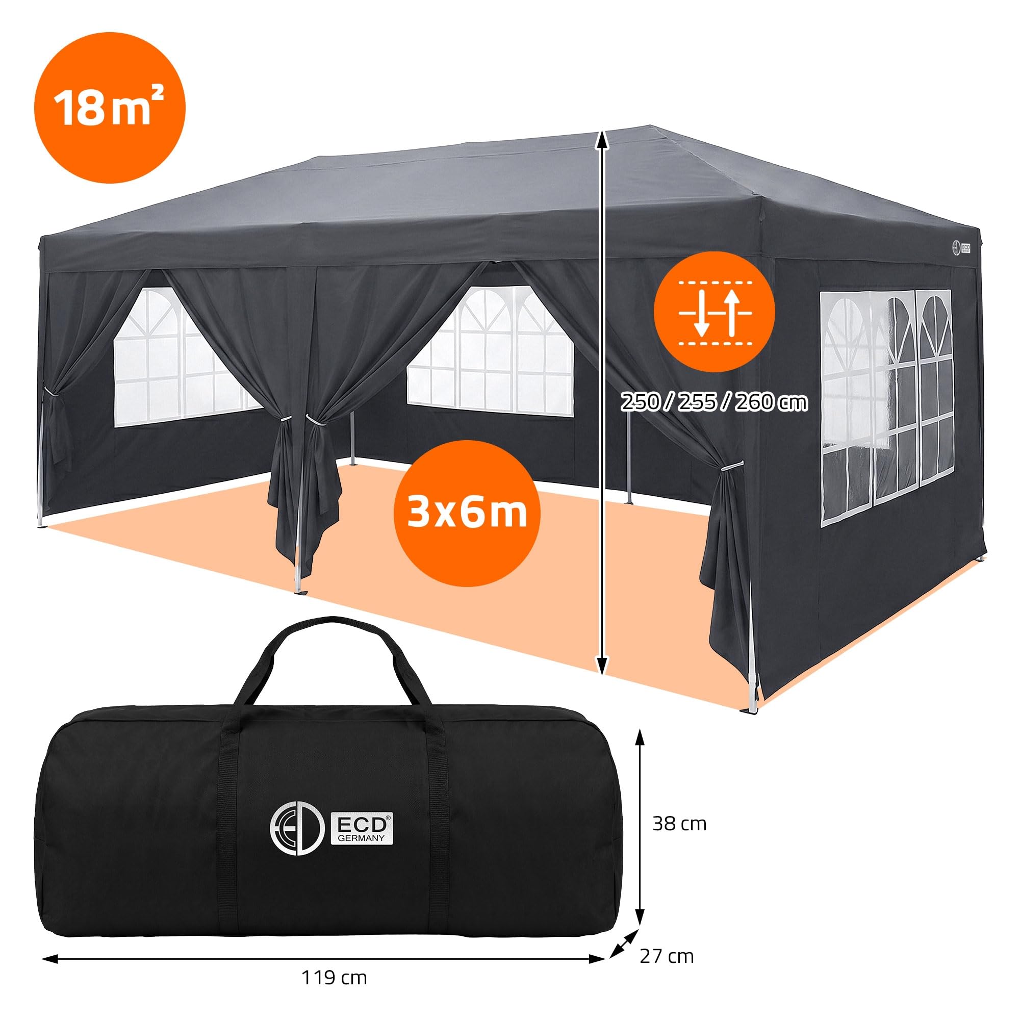 ECD Germany Tonnelle de Jardin Pliante 3x6 m Imperméable, Barnum Pliant Pop up avec 6 Parois Amovibles, Protection UV 50+, Sac de Transport, Tente de Réception Gazebo pour Patio Camping, Anthracite