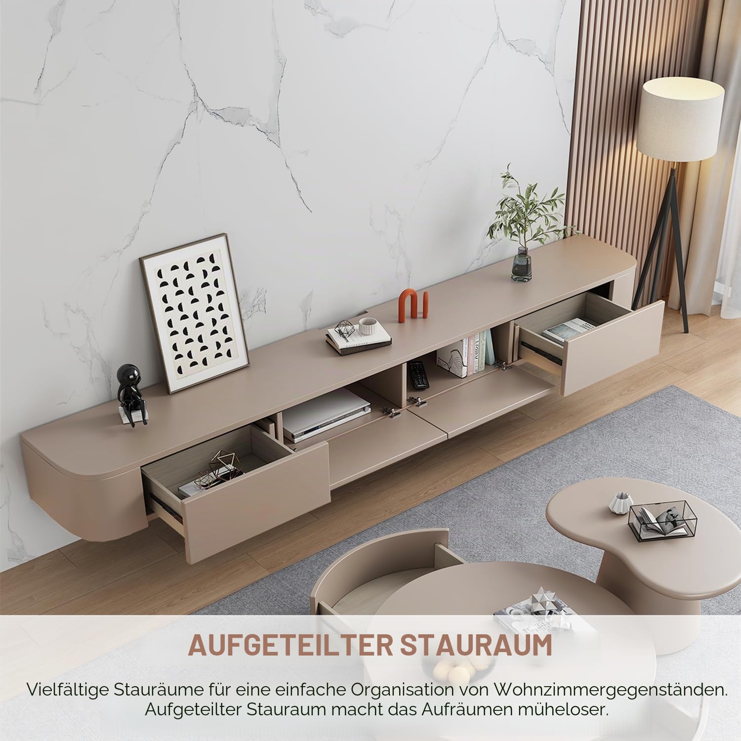 Modernes Schwebendes TV-Regal | Wandmontierte Unterhaltungsmedien-Konsole | Großes Aufbewahrungs-TV-Bank für Wohnzimmer & Büro (Khaki, 180cm)