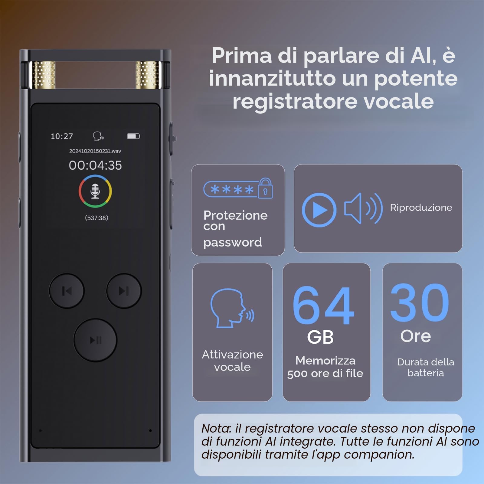 Registratore Vocale AI con Attivazione Vocale - Trascrivi e Riassumi con Tecnologia AI, Supporta 102 Lingue, Controllo App, Registratore Audio Digitale per Riunioni, Lezioni (black)