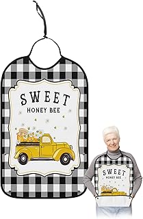 BOBOWUNY Summer Truck Adult Bibs for Elder Women Men Eating, Rustic Sweet Bee Black White Plaid Waterproof & Washable Bibs for Eating Clothing Protector Dining Bibs for Crumb Catcher