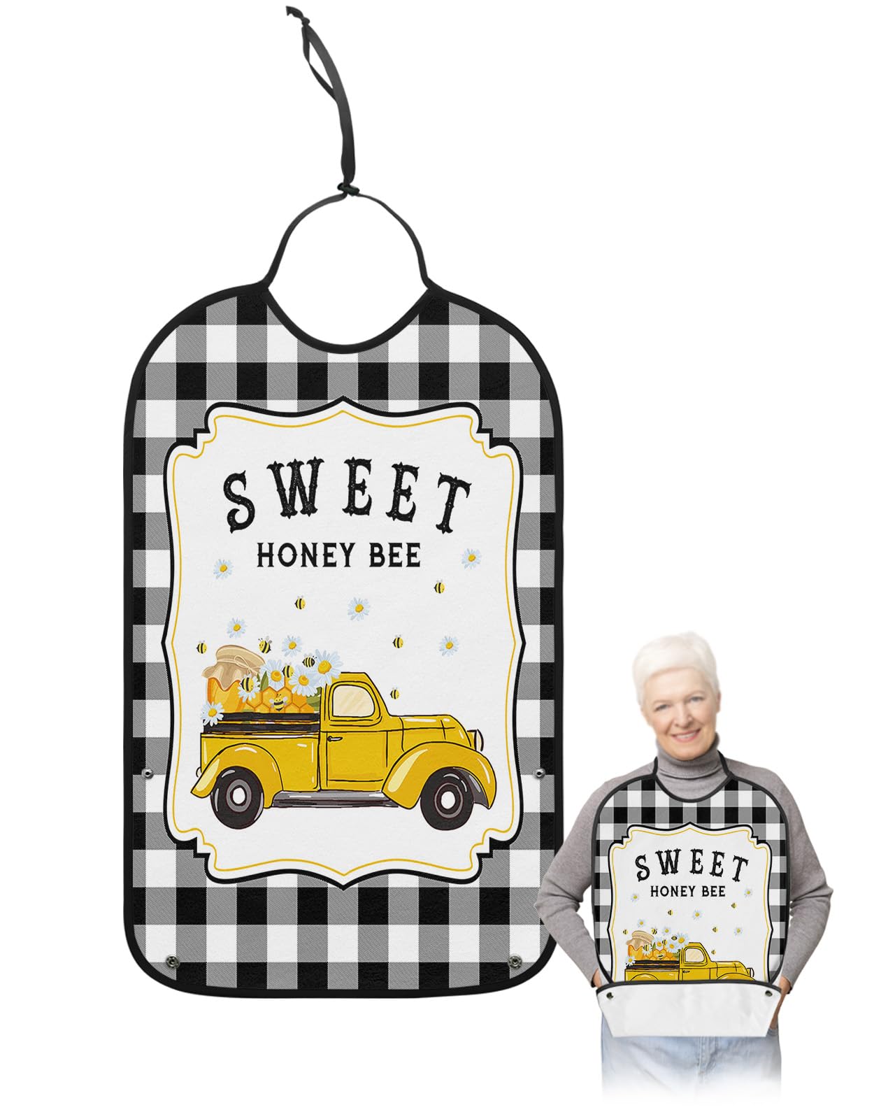 Summer Truck Adult Bibs for Eating, Waterproof Bibs with Food Catcher & Adjustable Snap Closure, Rustic Sweet Bee Black White Plaid Washable Clothing Protectors Adult Bibs for Elderly Women/Men