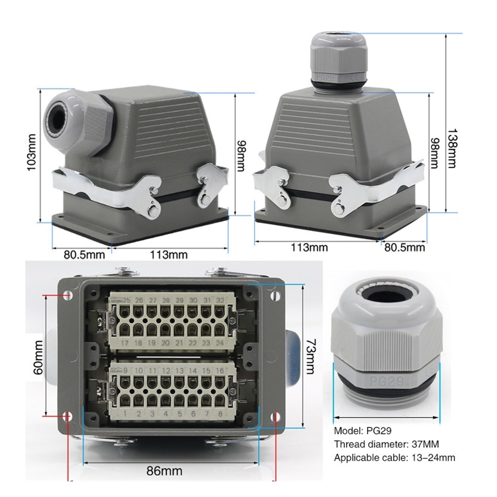 HDC-HE-032-1/2 Conector rectangular resistente de 32 pines de núcleo impermeable para la industria 500 V 16 A (línea lateral)