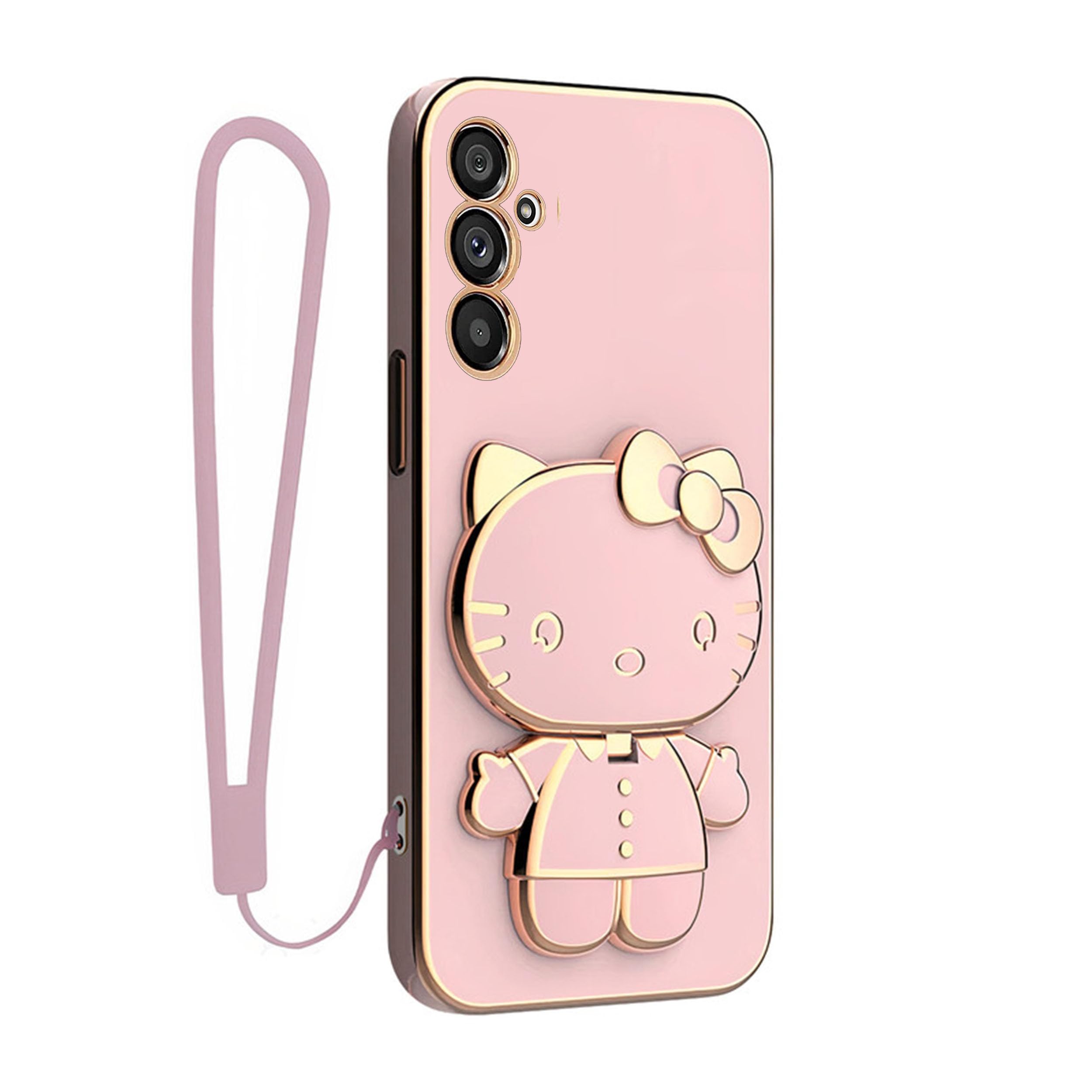 Kitten Phone Case for Galaxy,TPU Makeup Mirror Woman Girl Cover with Gold Electroplated Edges, 360° Rotating Kickstand Mirror,Silicone Kitty (1, Pink, Samsung A35)