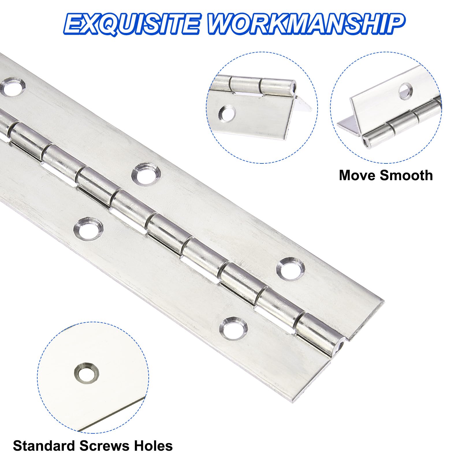 Bisagra de piano de acero inoxidable de 30 x 1.2 pulgadas con agujeros para caja de gabinete de barco, color plateado