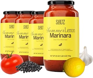 Sauz Summer Lemon Marinara Pasta Sauce, 25oz Jar (4-Pack) - Gluten-Free, Non-GMO, Fresh Citrus Zest, Small Batch Tomato Sauce