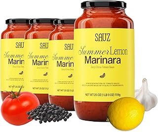 Sauz Summer Lemon Marinara Sauce | Clean Ingredients, No Seed Oils, Gluten-Free | Fresh Citrus Tomato Sauce for Pasta, Pizza, Spaghetti & More | Crafted in Small Batches | 24 Servings Total (25oz Jars, 4-Pack)