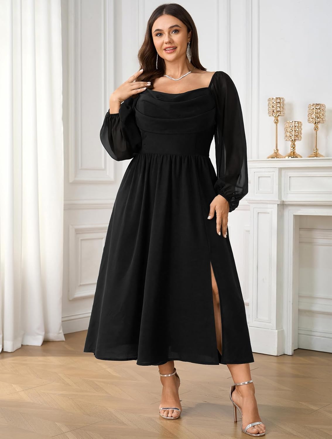 Women's Plus Size Dress Chiffon Long Sleeve Cowl Neck Wedding Guest Cocktail Party Maxi Dress - Image 7