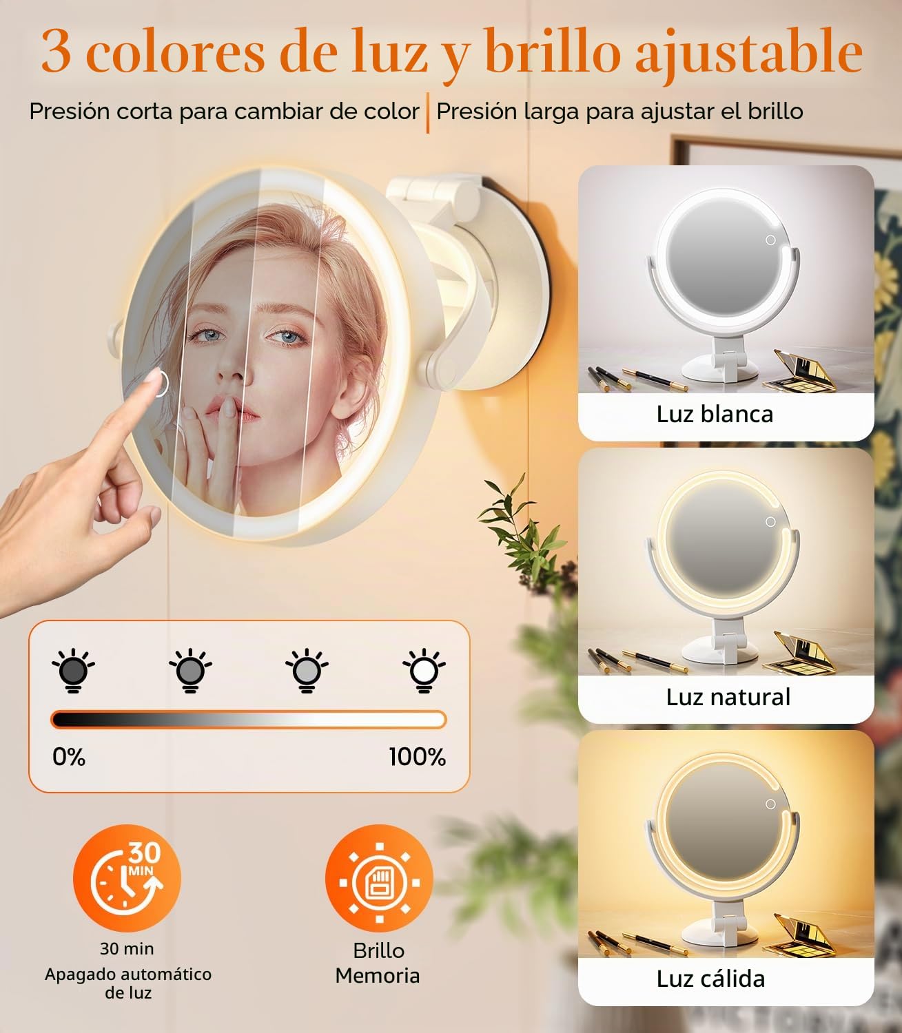Gospire Espejo de maquillaje montado en la pared de 7 pulgadas con luces y aumento de 10X, espejo de baño iluminado de 3 colores con potente ventosa de bloqueo, afeitado para hombres, LED para