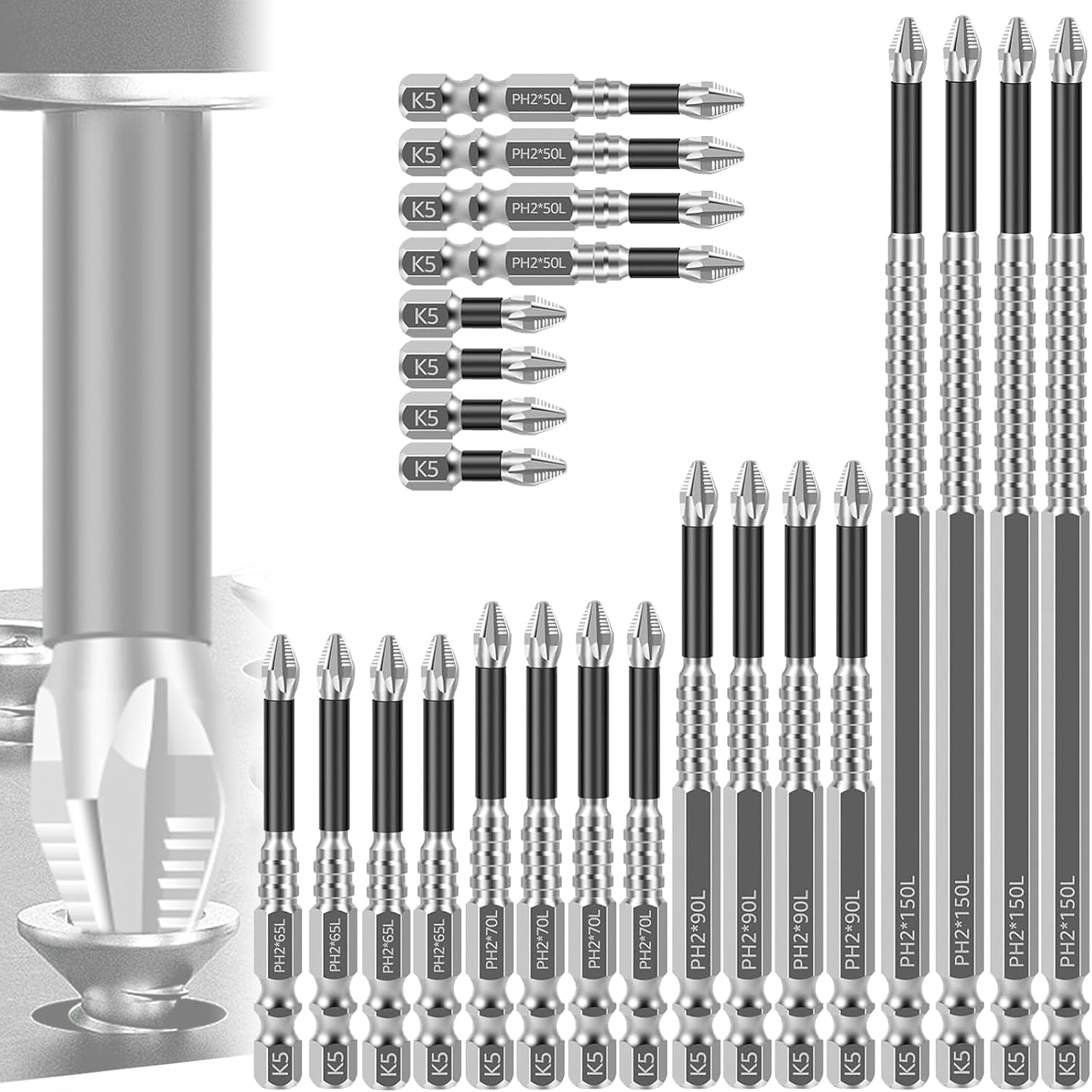 24pcs Impact Screwdriver Bit Set, 1/4" Hex Shank Magnetic Drill Bits with Anti-Slip Design – Alloy Steel Phillips Head Bits for Electric Screwdriver, Power Drill, DIY (25/50/65/70/90/150mm, 4 Each)