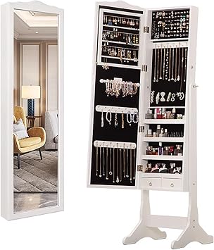 Jewelry Cabinet Armoire with Storage -Length Mirror - Freestanding Organizer for Necklace and Earrings, Frameless Design