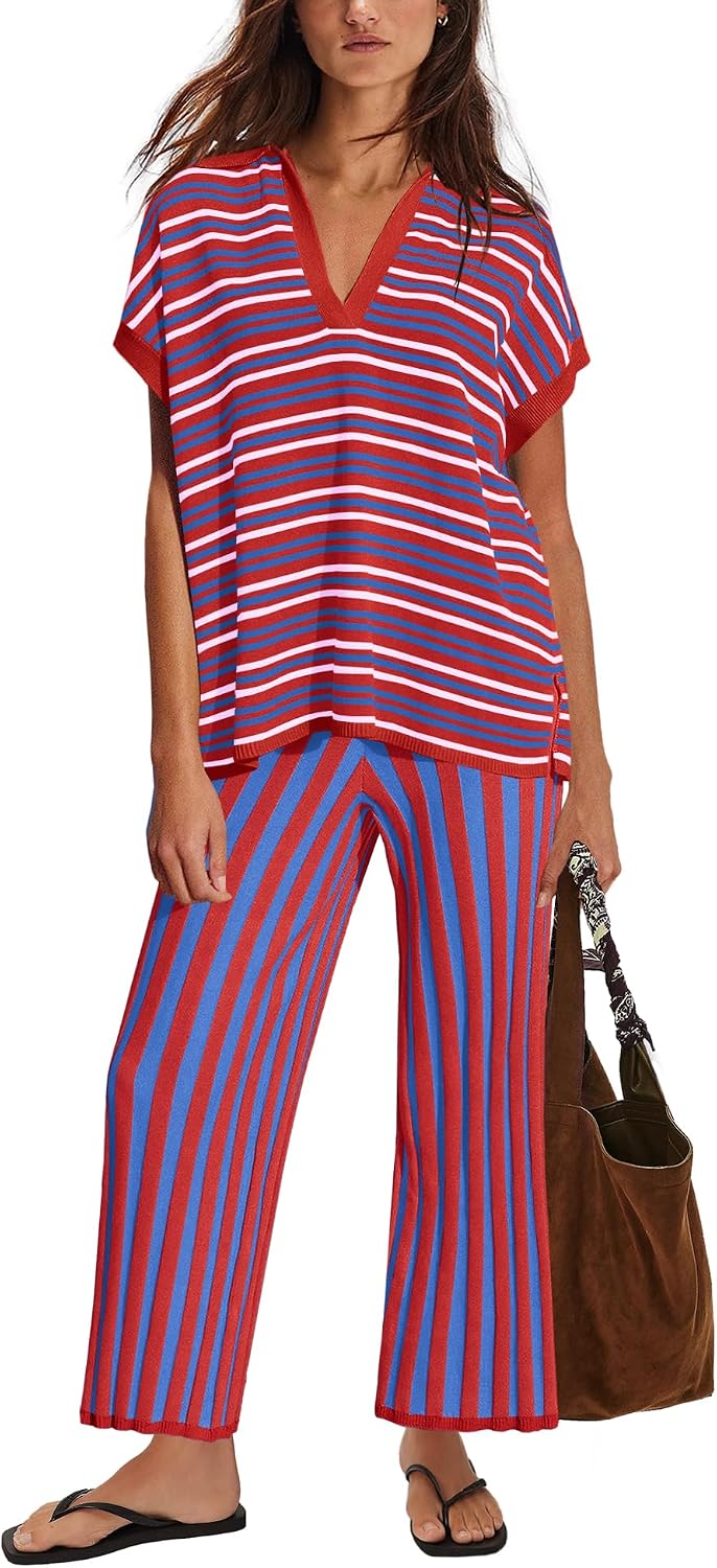 ReachMe Womens 2 Piece Lounge Sets Striped Short Sleeve Tops Wide Leg Cropped Pants Sweater Sets Beach Vacation Outfits