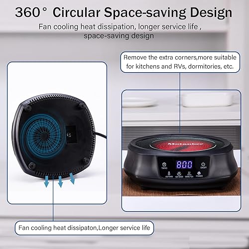Miniatura 5 de Mini estufa eléctrica de 800 W, hervir té, placa de cocina de vidrio de cerámica con 8 niveles de potencia ajustables, función inteligente de