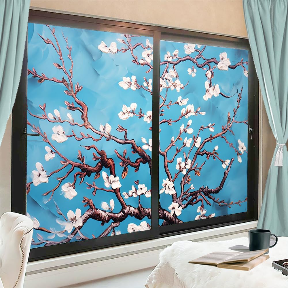 Watercolor Apricot Flower Window Film Coverings Rustic Flower Blue Background Modern Window Privacy Film Self-Adhesive Glass Film Decorative Sticker Frosted Film for Home 35.4Wx55.1L-inch x2 Pcs
