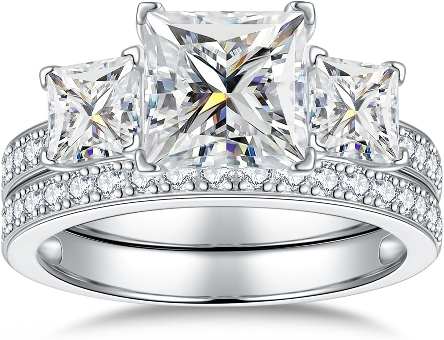2.8CTTW Princess Cut Moissanite Wedding Sets for Women, 3 Stone Engagement Ring D Color VVS1 with Certificate, Eternity Anniversary Bridal Sets Size 5-10