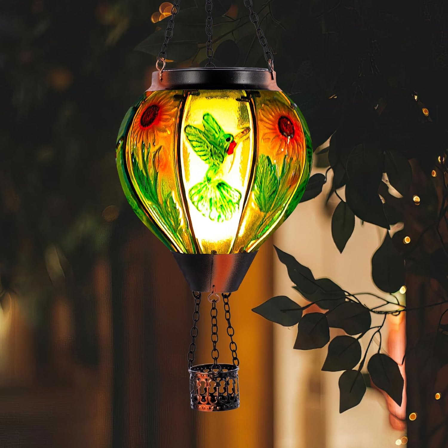 Hummingbird and Sunflower Solar Hot Air Balloon Lantern with Flame, Glass Hot Air Balloon Solar Lantern Outdoor Waterproof, Hanging Solar Lantern for Outside Garden Patio Tree Porch Yard