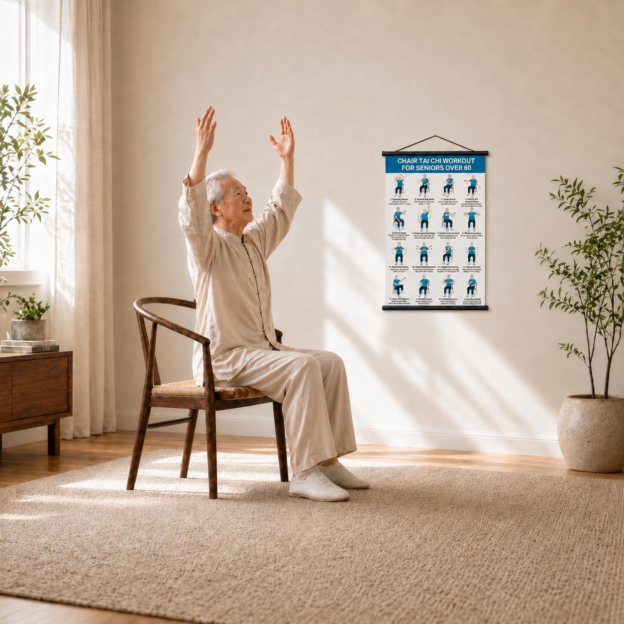 lionpower Tai Chi Chair Workout Chart for Seniors, Chair Tai Chi for Seniors Wall Poster, Tai Chi for Beginners Seated Chair Exercise Chart, Balance & Flexibility Guide for Men, 16 x 24 in